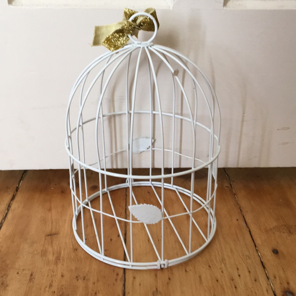 white bird cage that hold shampoo conditioners